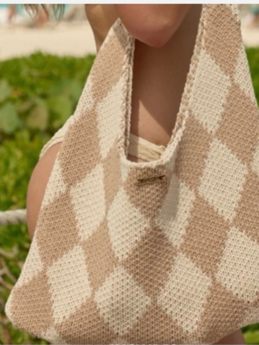 Kopari Woven Diamond-Check Tote Bag in Beige & Cream